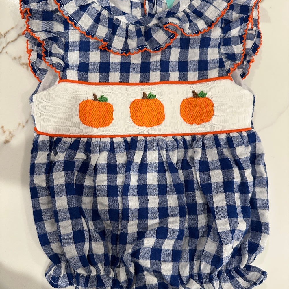 Blue Gingham Smocked Flamingo Infant Girls Bubble - Pumpkins